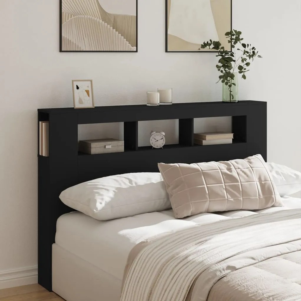 Cabeceira cama c/ LEDs 160x18,5x103,5 cm deriv. madeira preto