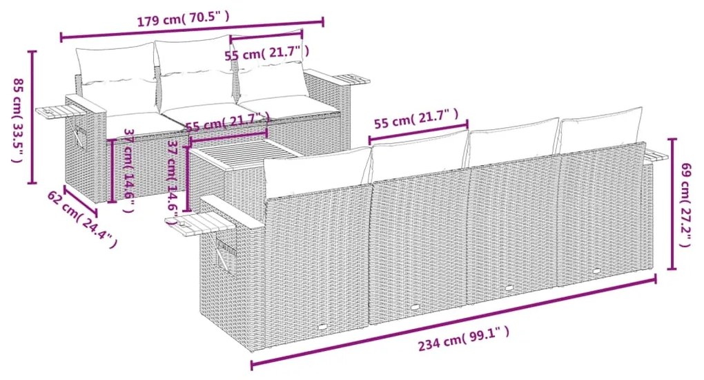 8 pcs conjunto sofás p/ jardim c/ almofadões vime PE cinzento