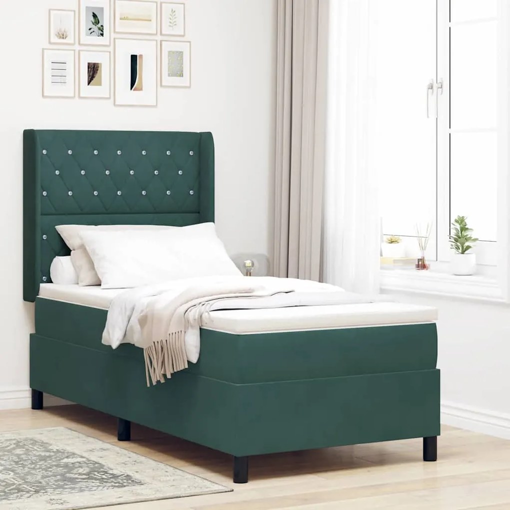 vidaXL Cama Box Spring com LED e Colchão Verde Escuro 100 x 200 cm