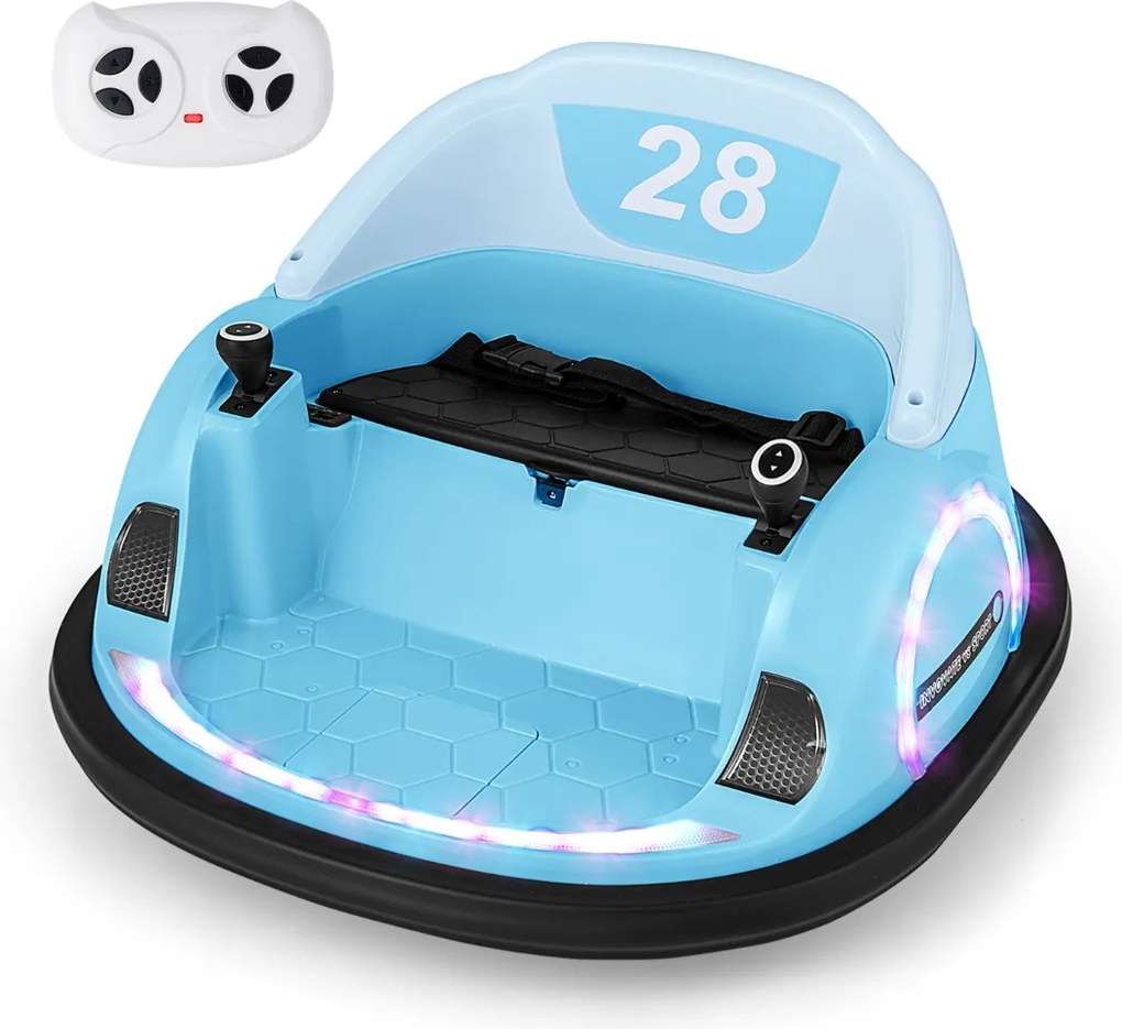 Carrinho de choques elétrico 12V para crianças com controle remoto, luz LED, buzina e música, rotação de 360° com cinto de segurança azul