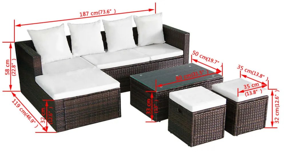 4 pcs conjunto lounge jardim c/ almofadões vime PE castanho