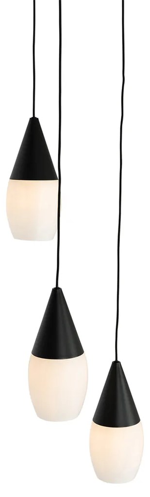 Candeeiro de suspensão moderno preto com vidro opalino 3 luzes - Drop Moderno