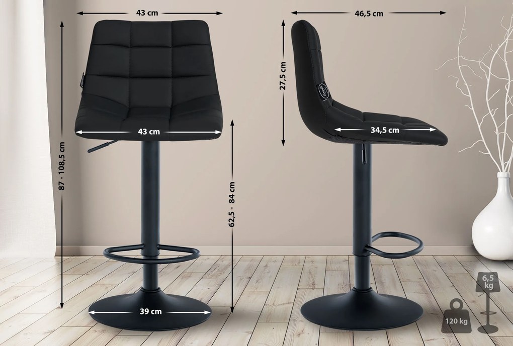 Banco de bar Jerry em couro sintético com estrutura preta 87-108,5 x 43 x 46,5 cm Preto
