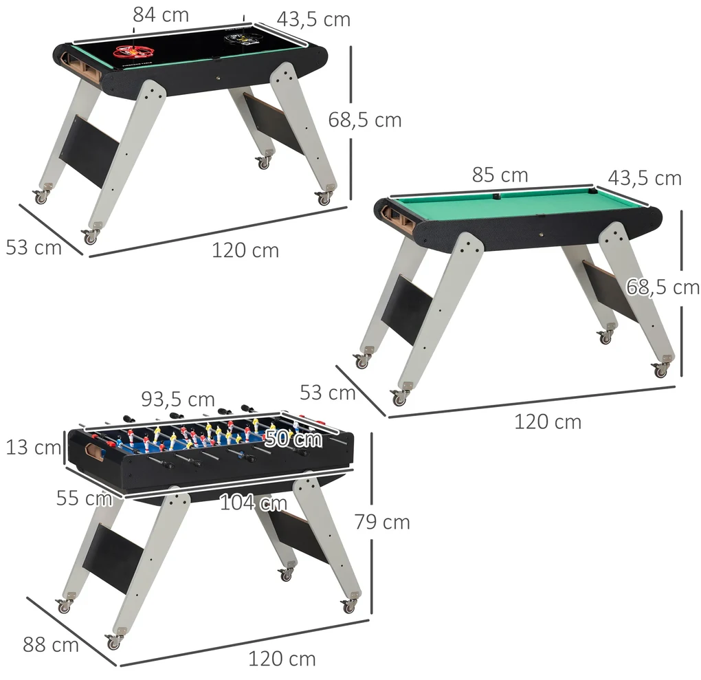 HOMCOM Mesa Multi Jogos para Crianças acima de 7 Anos Mesa de Jogos 6 em 1  com Rodas Bilhar Matraquilho Ping Pong Lançamento de Anéis Hóquei no Gelo e  Air Hóquei 120x88x79cm Multicor