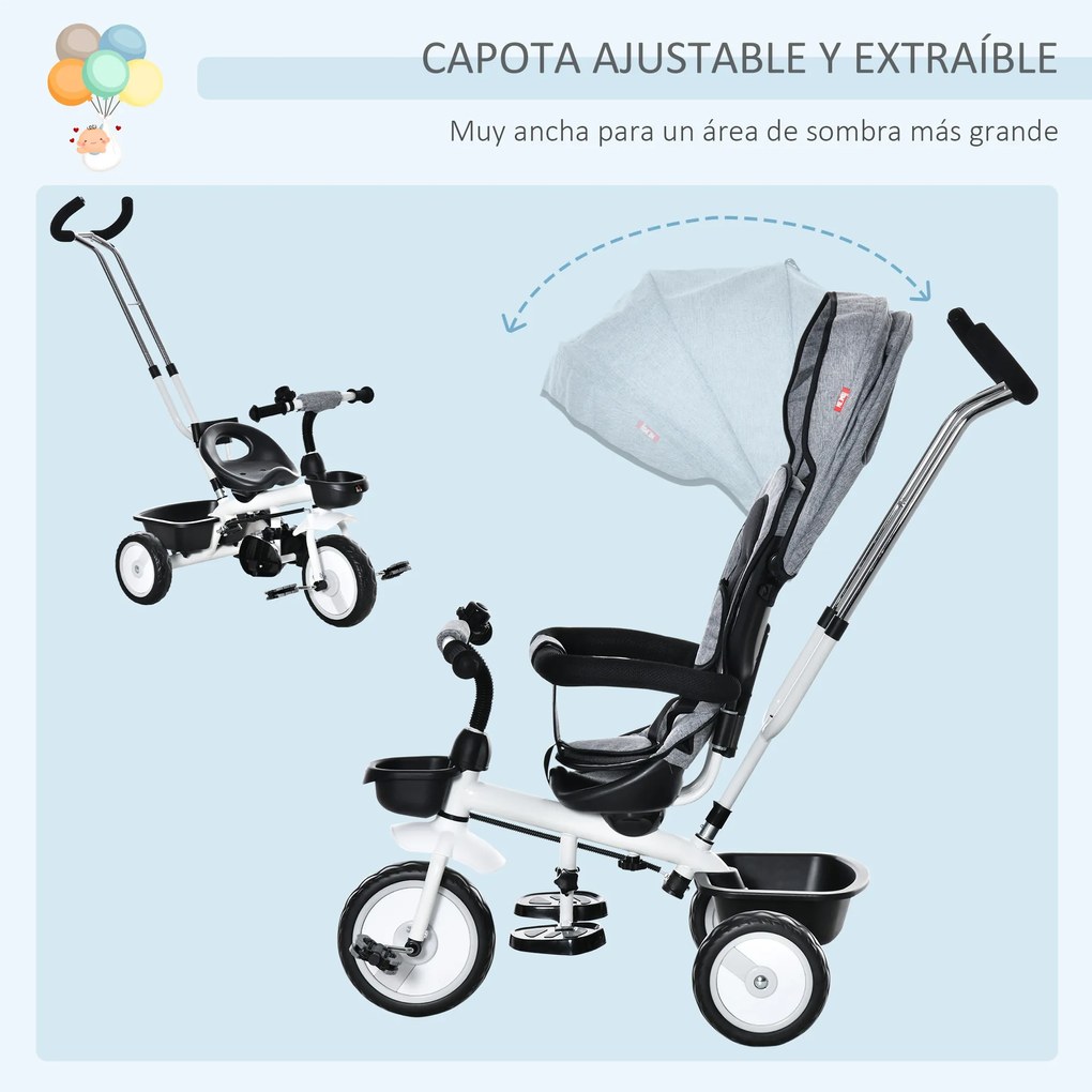 HOMCOM Triciclo para Bebé 2 em 1 Triciclo Evolutivo para Crianças de 1-5 Anos com Capô Dobrável Guiador Telescópico Grade de Proteção Removível e Apoio para os Pés 100x48x106cm Cinza