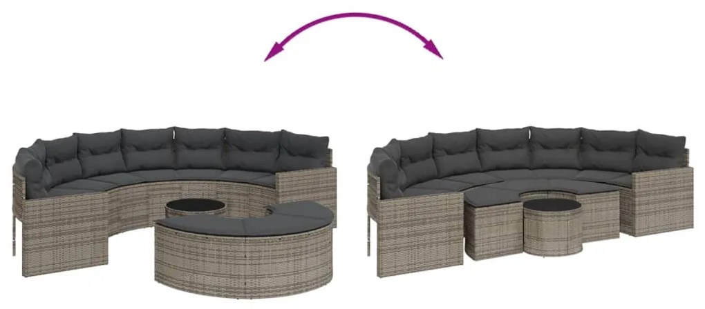 3 pcs conjunto de sofás de jardim semicircular vime PE cinzento