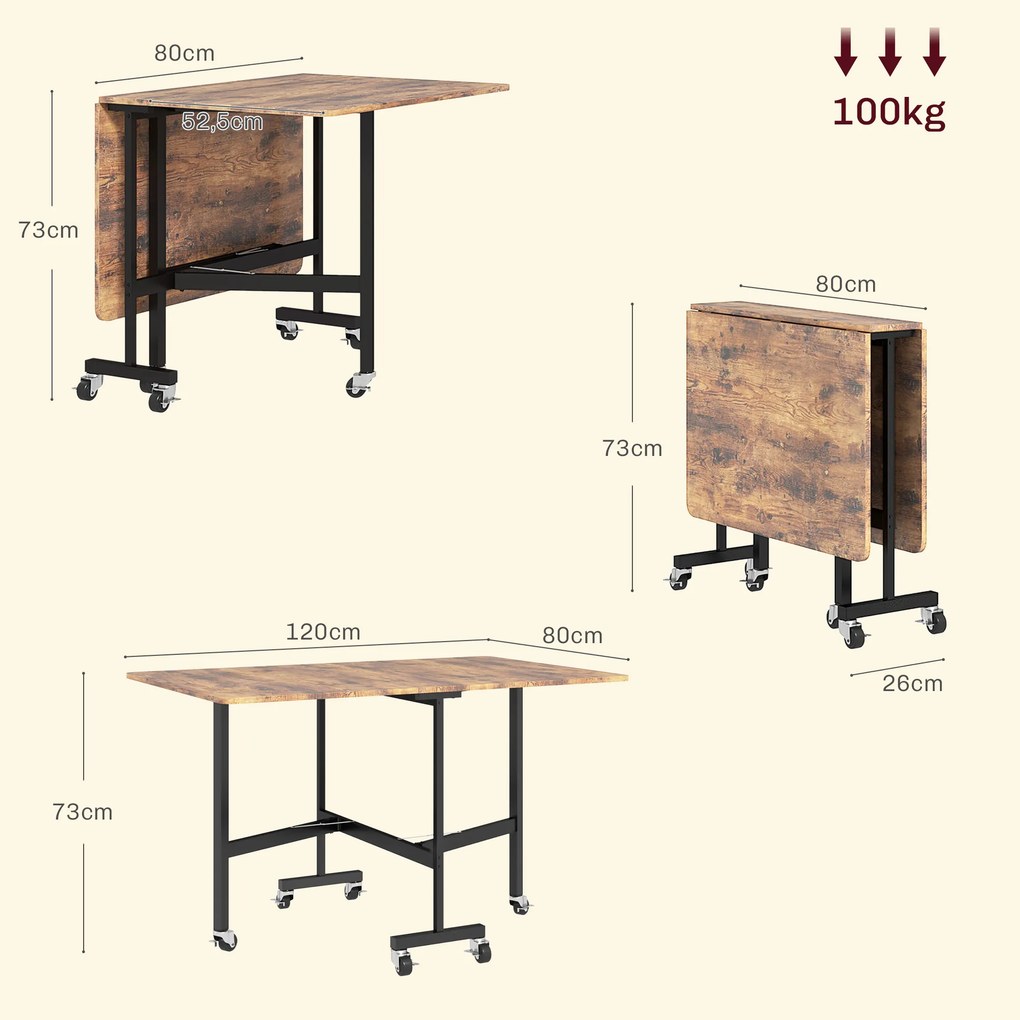 Mesa de Jantar Dobrável (CADEIRAS NÃO INCLUIDAS), 120 x 80 x 73 cm, 6 Rodas com Bloqueio, Castanho Rústico
