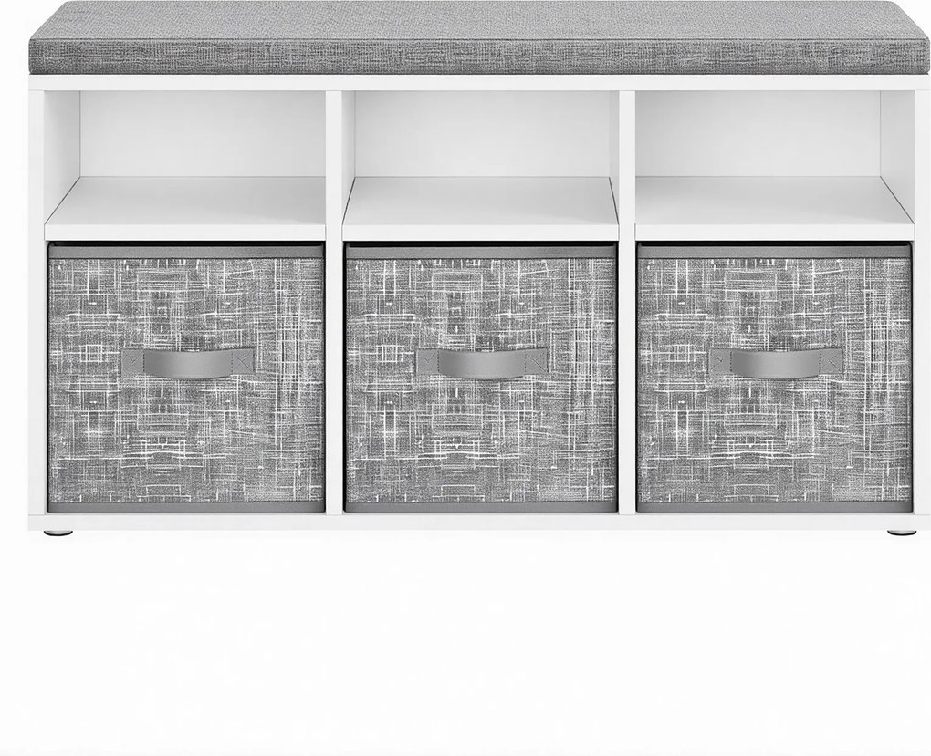 Banco arrumação 87 x 30,3 x 48 cm com 6 compartimentos e 3 caixas, banco para sapatos para a entrada, branco-cinza