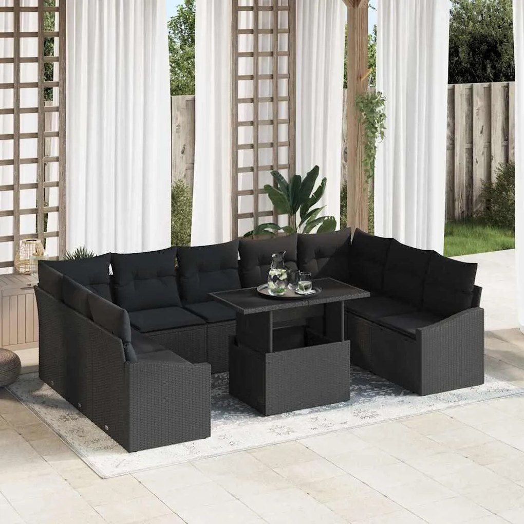 vidaXL Conjunto de Sofá de Jardim de 10 Peças com Almofadas Pretas em Polirattan