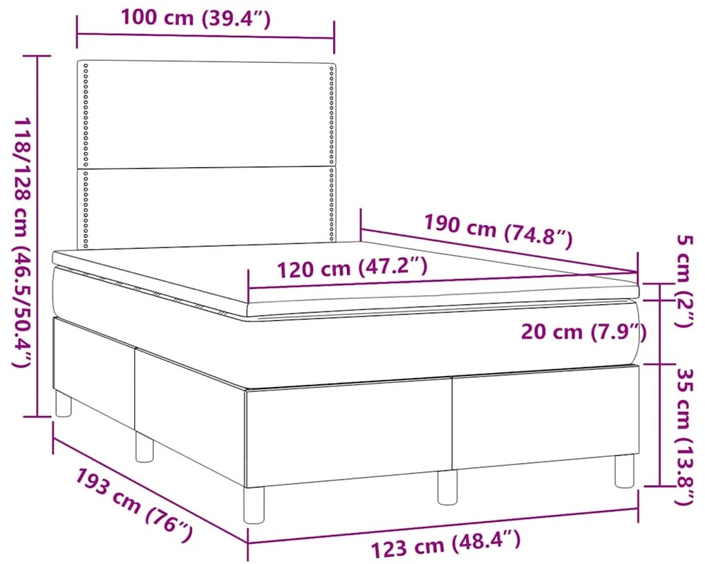 Cama box spring c/ colchão/LED 120x190cm tecido castanho-escuro
