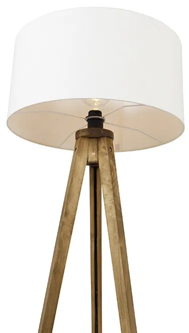 Candeeiro de pé tripé rústico vintage em madeira com cúpula branca 50 cm - Tripod Classic