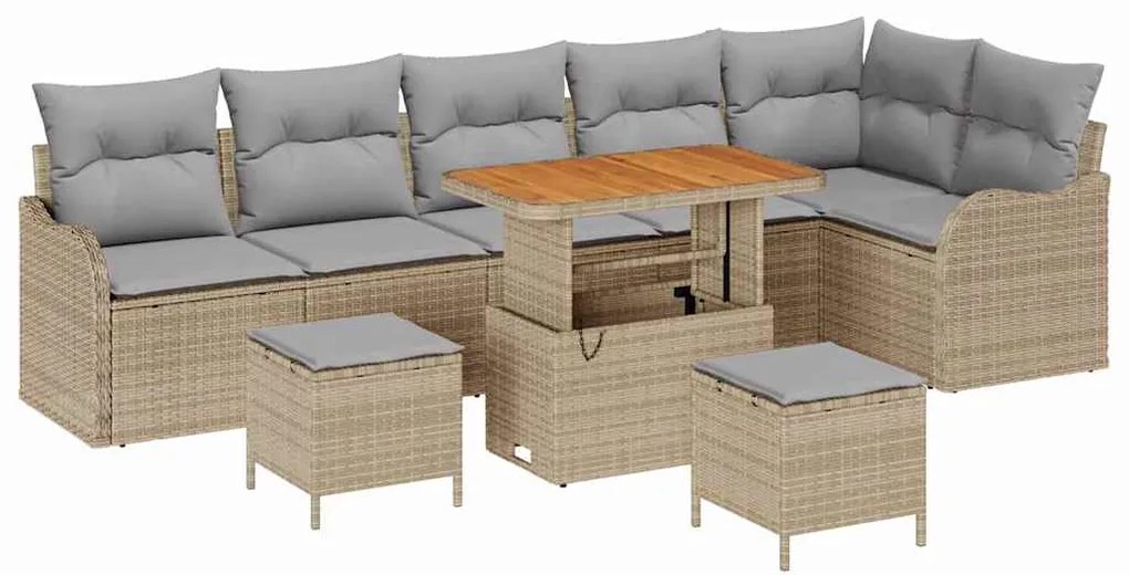 Conjunto de Sofá de Jardim com 9 Peças, Almofadas Bege, em Rattan e Ac