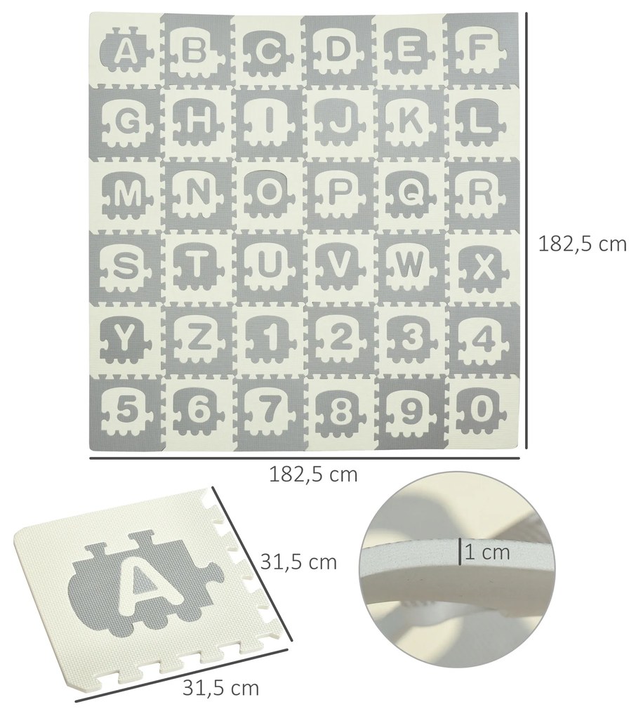 HOMCOM Tapete Puzzle para Bebés 36 Peças 31,5x31,5cm com 26 Letras (A-Z) e Números 0 ao 9 Quebra Cabeça Infantil de 3,24m² Espuma EVA Suave Cinza e Branco