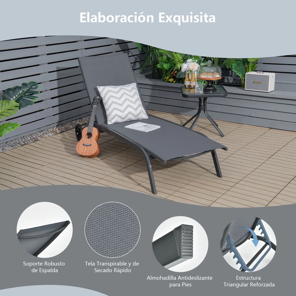 Conjunto de 2 espreguiçadeiras com rodas, tecido de secagem rápida e encosto reclinável em 6 posições, para exterior, piscina, pátio e jardim, cinzent