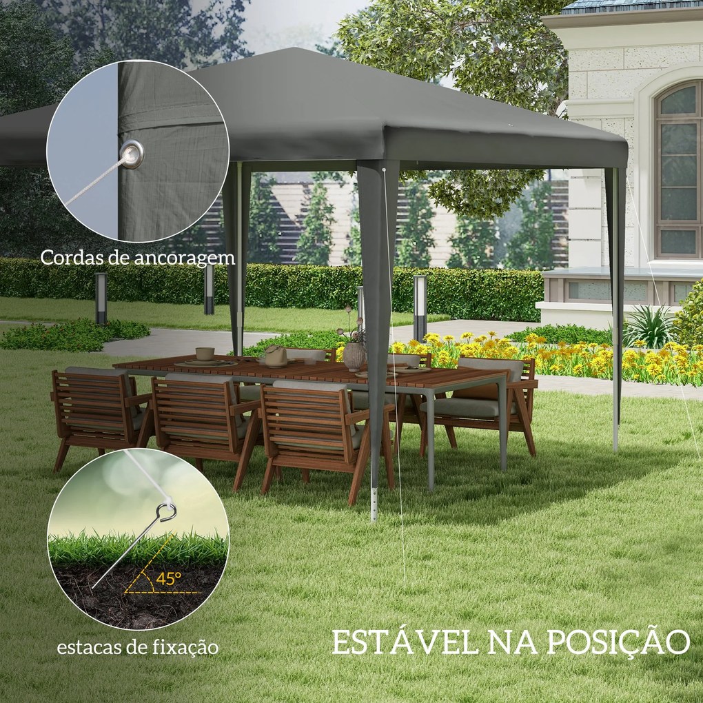 Tenda Desmontável de Jardim 3x3 m Tenda para Exteriores com 4 Orifícios de Drenagem e Tubos de Aço Cinzento