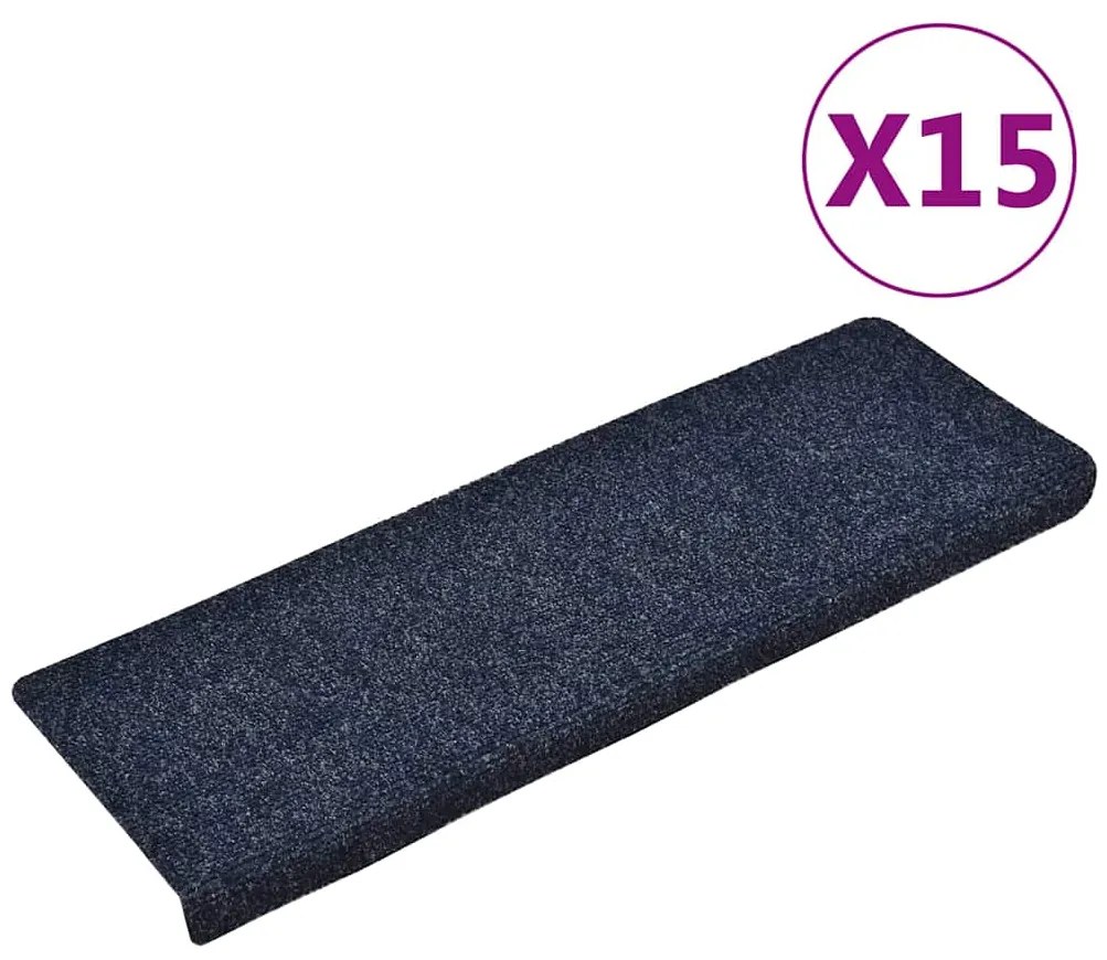 vidaXL Tapetes de escada 15 pcs 65x21x4 cm tecido agulhado azul