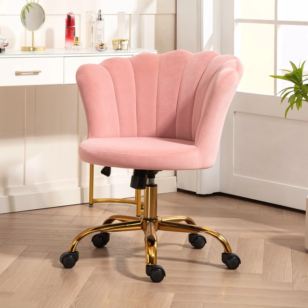 Cadeira de escritório em veludo, cadeira de Toucador com encosto em forma de pétala, altura ajustável, 69 x 64 x 80-90 cm, rosa