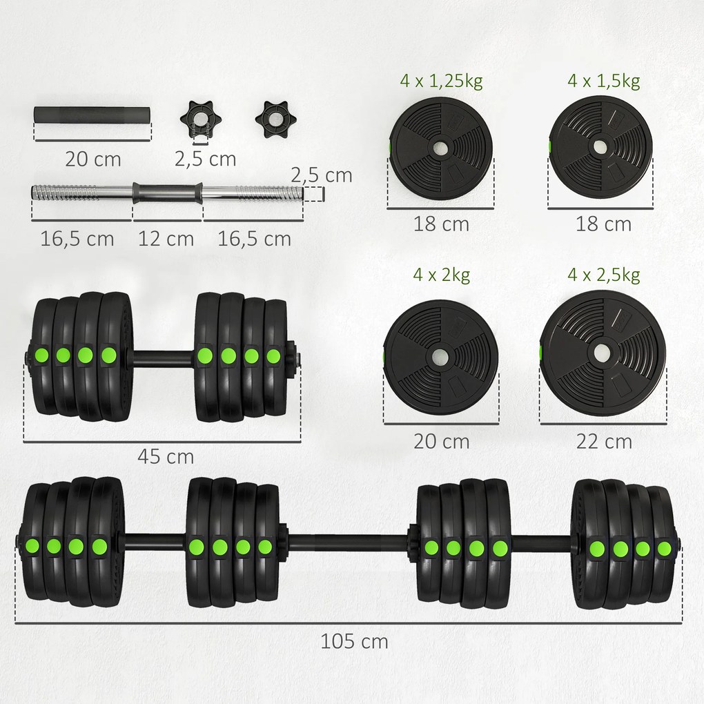 Kit de Halteres 30 kg 2 em 1 Jogo de Pesos com Barra de Pesos Pega Antiderrapante para Treino de Força  Preto e Verde