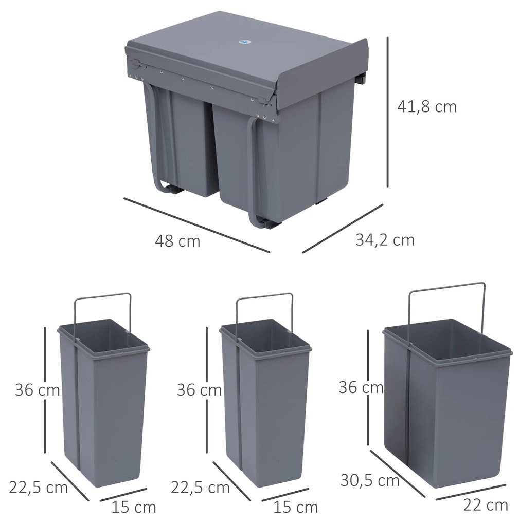 Cubos de Lixo para Cozinha com 3 recipientes de Reciclagem Removíveis 1x20L e 2x10L Metal e Plástico 48x34,2x41,8cm Cinza
