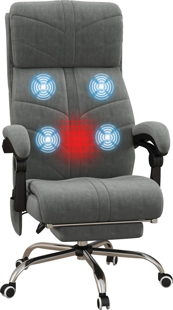 Cadeira de escritório com função de massagem, aquecimento e reclinação, com apoio para os pés integrado e 5 rodas, cinzenta