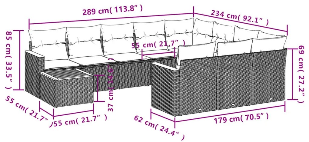 11 pcs conjunto sofás de jardim c/ almofadões vime PE bege