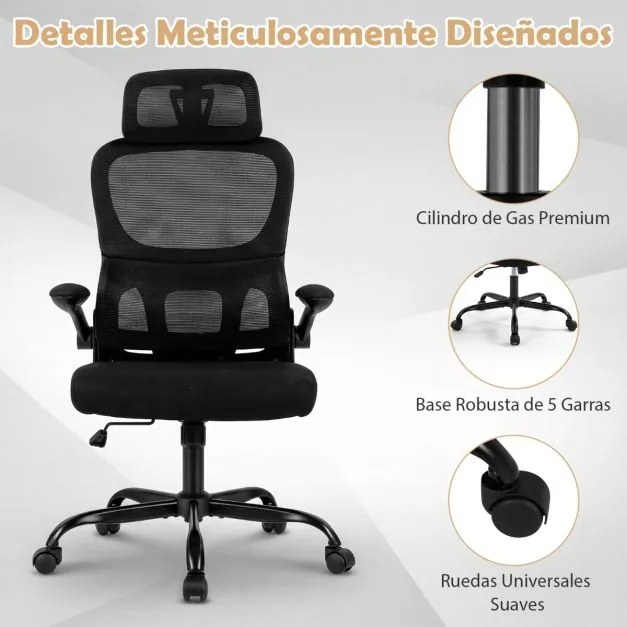 Cadeira escritório ergonómica com rodas, encosto alto em malha, apoio lombar e apoio de cabeça ajustáveis, apoios de braços rebatíveis, assento em esp