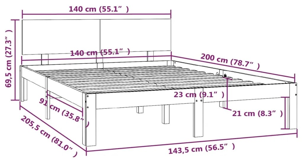 Estrutura de cama 140x200 cm pinho maciço preto