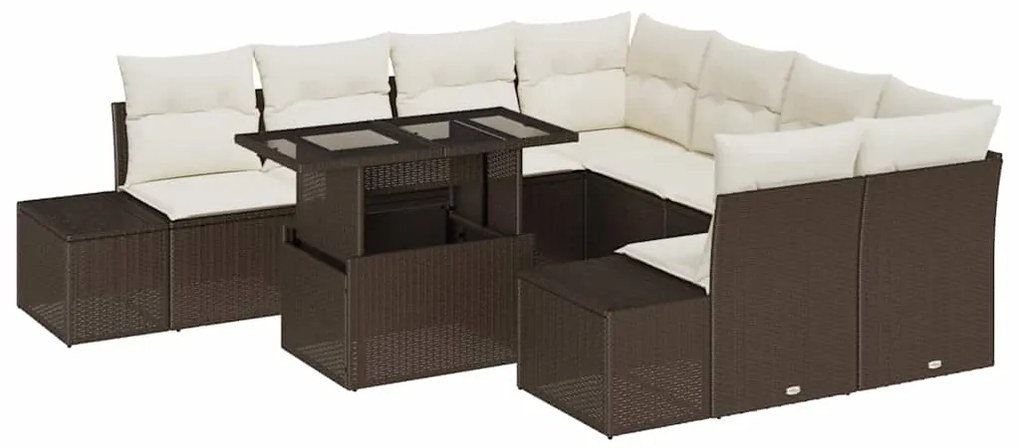 Conjunto de Sofá de Jardim de 9 Peças com Almofadas Marrons em Rattan