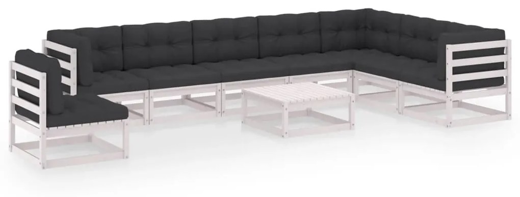 vidaXL 9 pcs conj. lounge de jardim c/ almofadões pinho maciço branco