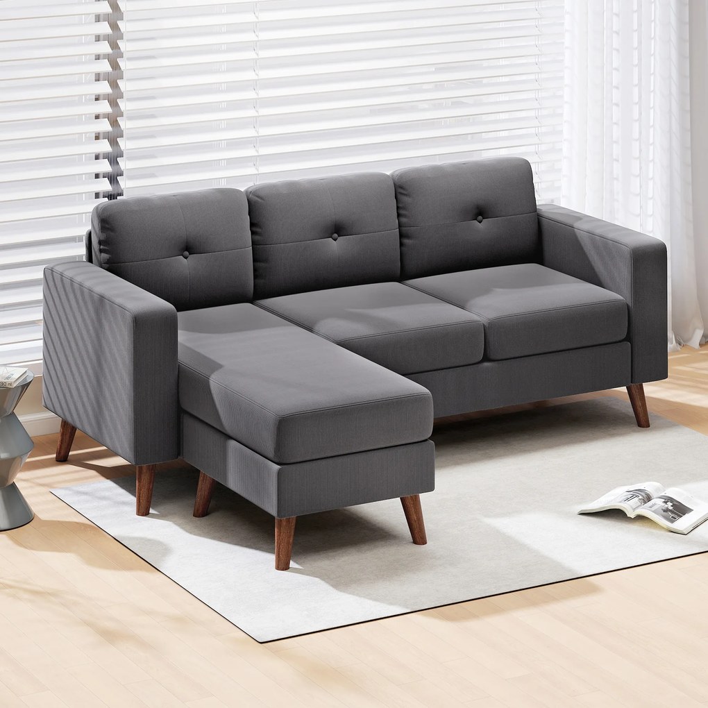 Sofá Chaise Longue Reversível Sofá de Canto em Forma de L de 3 Lugares Estofado em Veludo Cotelê 192x137x84 cm Cinzento Escuro