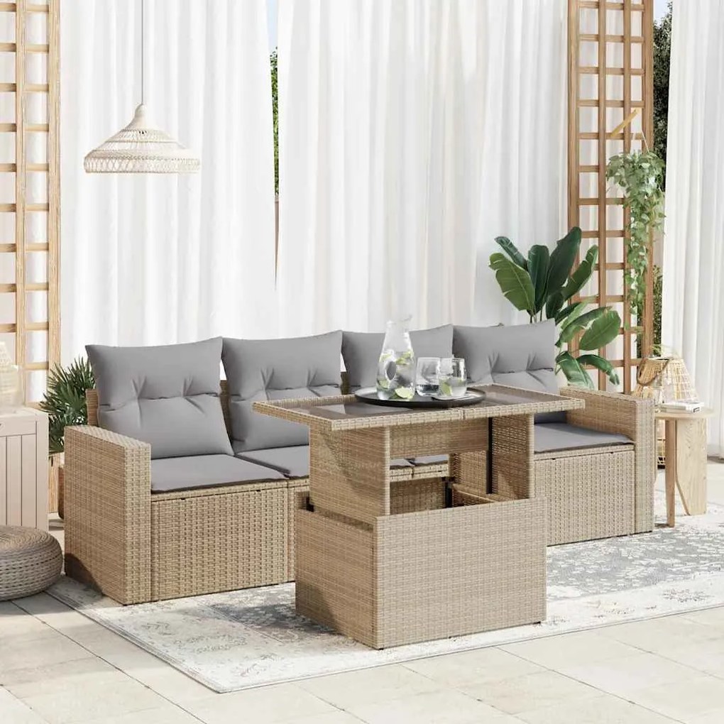 vidaXL 5 pcs conjunto de sofás p/ jardim com almofadões vime PE bege
