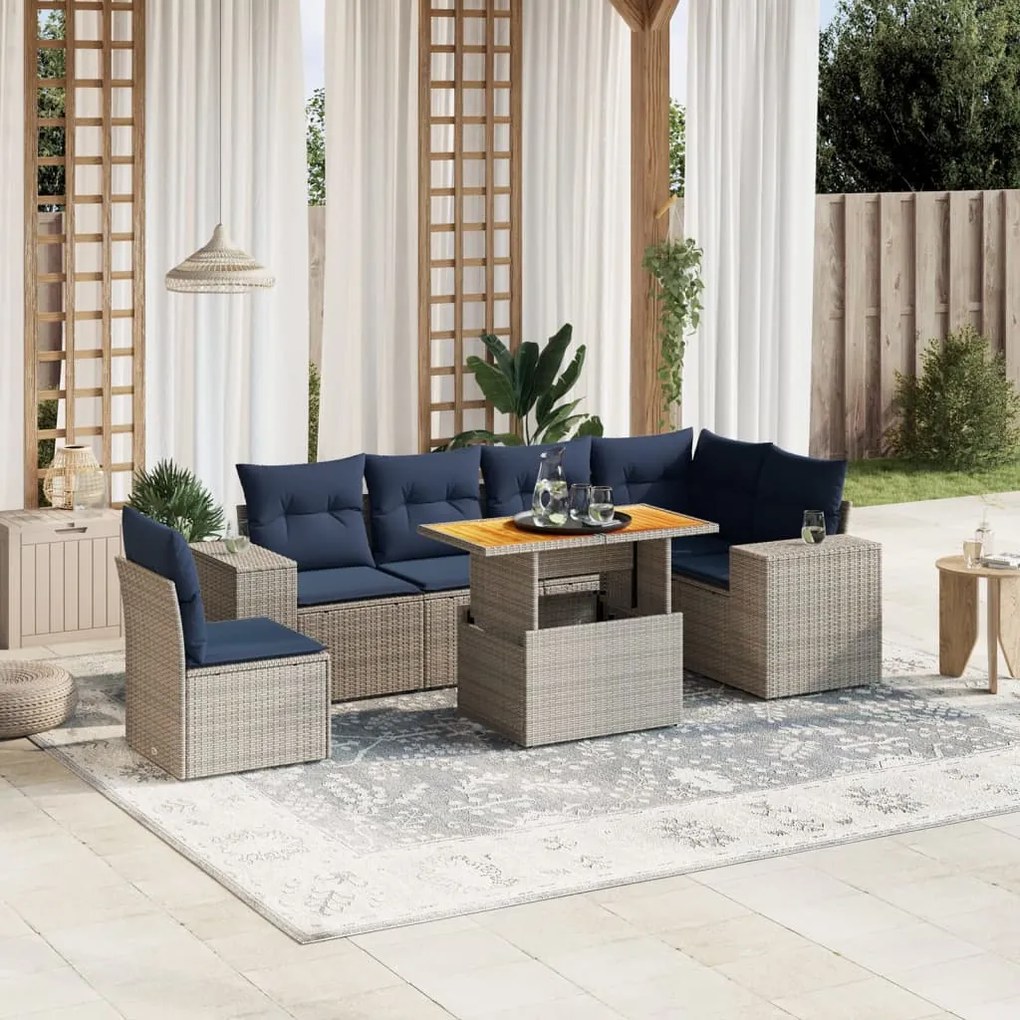 vidaXL 7 pcs conjunto sofás p/ jardim c/ almofadões vime PE cinzento