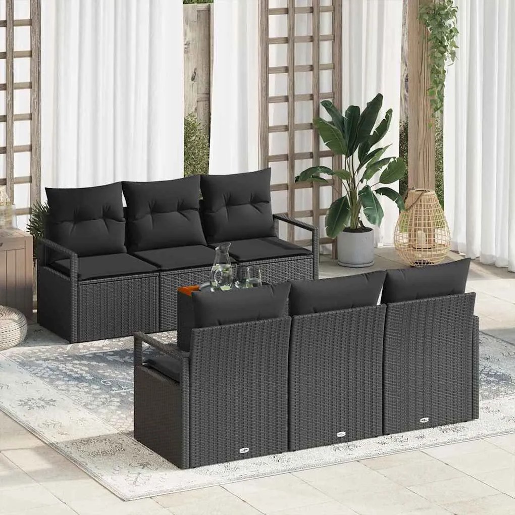 vidaXL Conjunto de Sofá de Jardim de 7 Peças com Almofadas, Rattan Sintético Preto e Acácia.