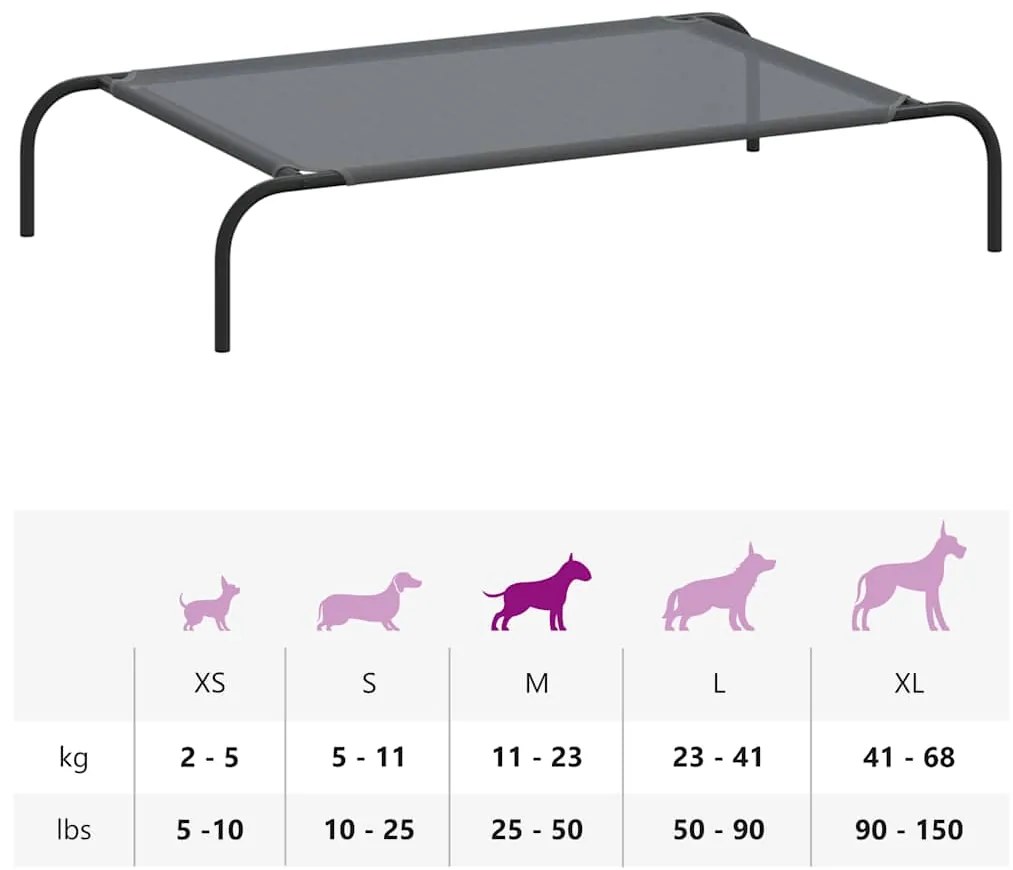Cama para cães elevada 110x65x20 cm Textilene e aço cinzento