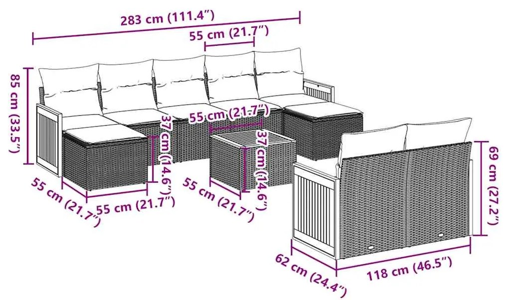 10 pcs conjunto sofás de jardim c/ almofadões vime PE preto