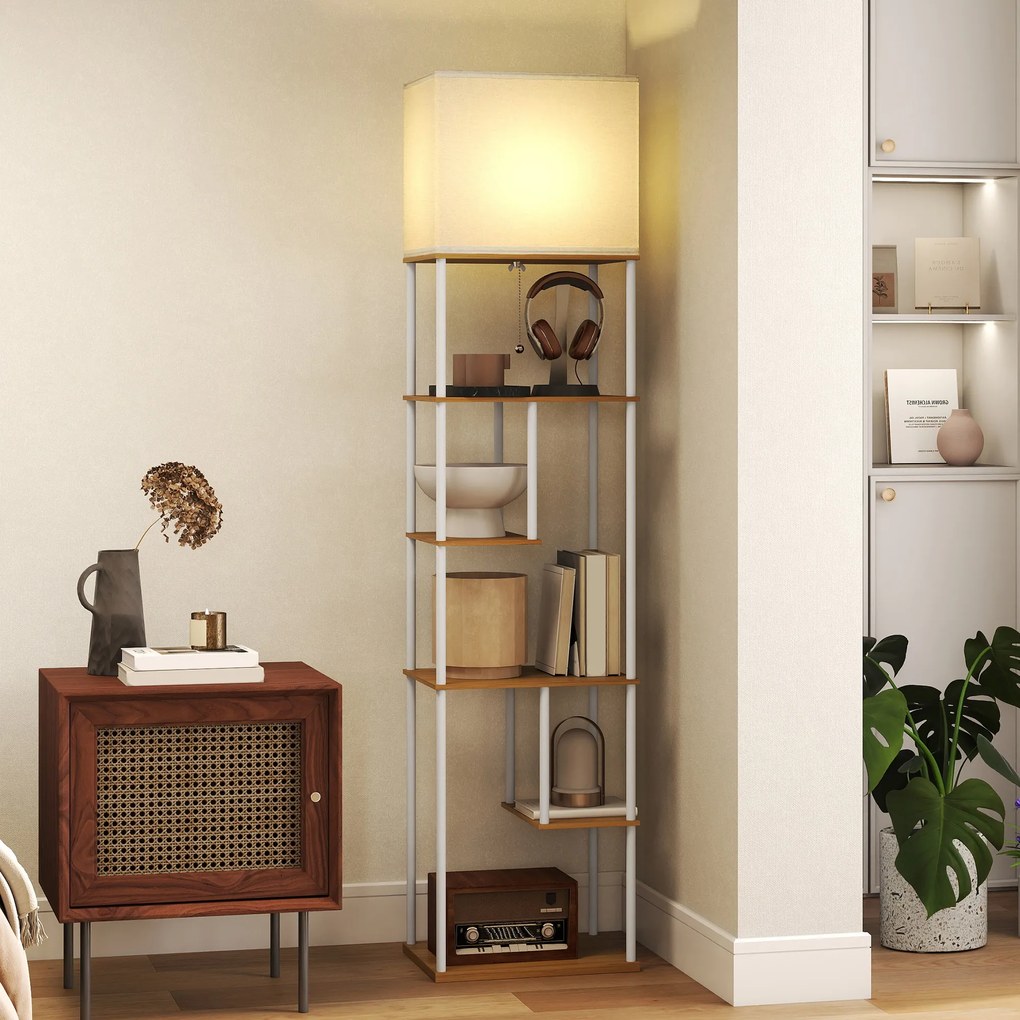 Candeeiro de Pé com Prateleiras Brilho e Temperaturas de Cor Ajustáveis 3000K-6500K e Temporizador 40x29x171 cm Branco e Madeira