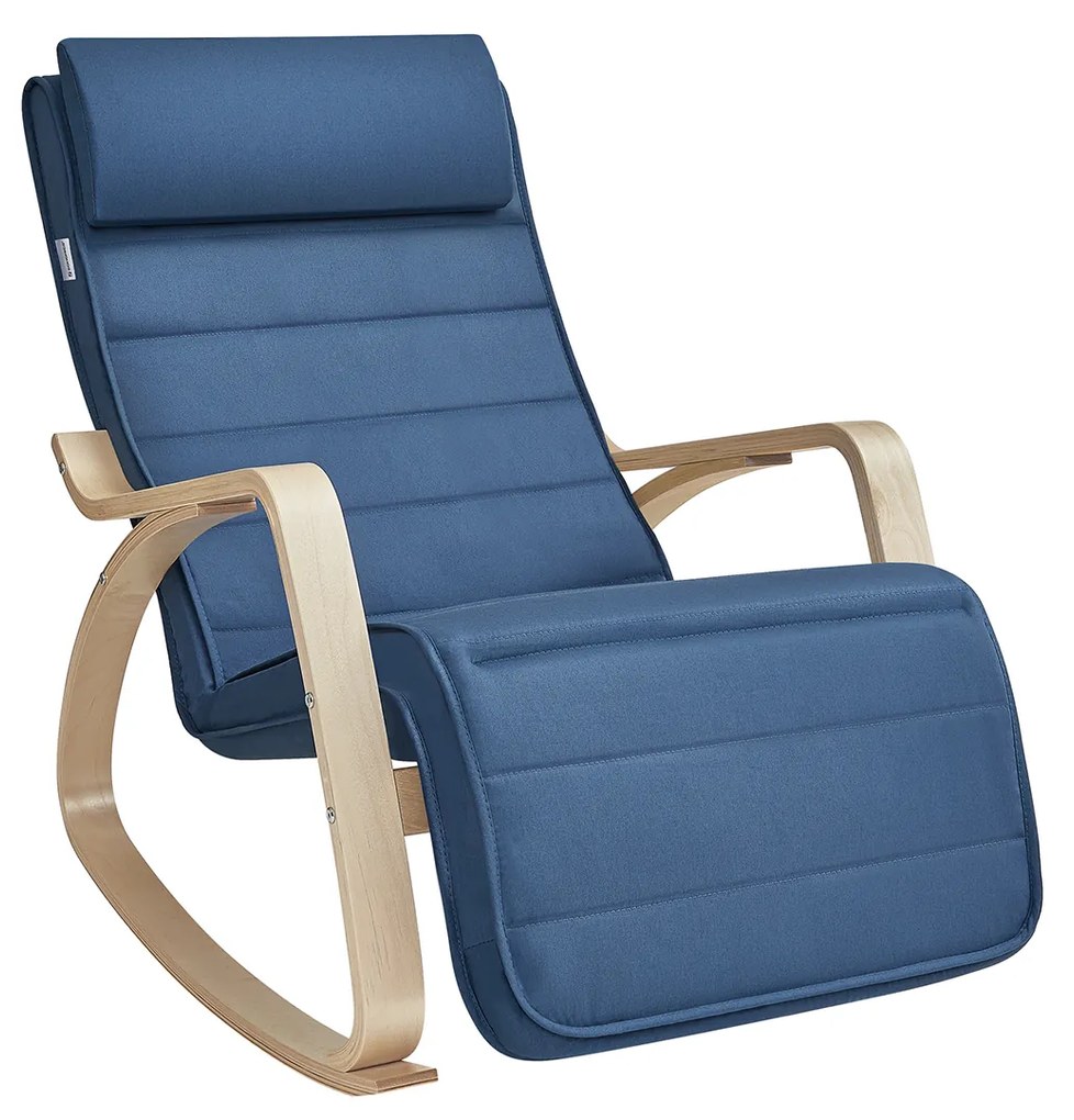 Cadeira de balanço de madeira de bétula SONGMICS LYY010Q01 com braços, apoio para os pés ajustável em 5 posições, carga máxima de 150 kg para quarto, sala de estar, azul meia-noite, natural