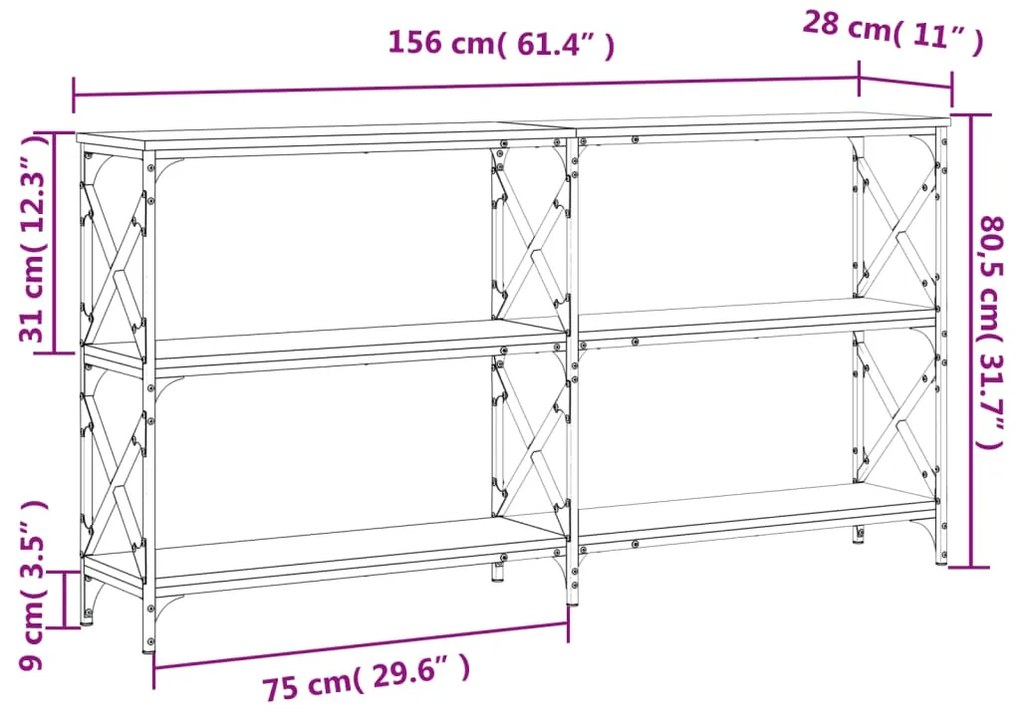 Mesa consola 156x28x80,5 cm derivados madeira carvalho castanho