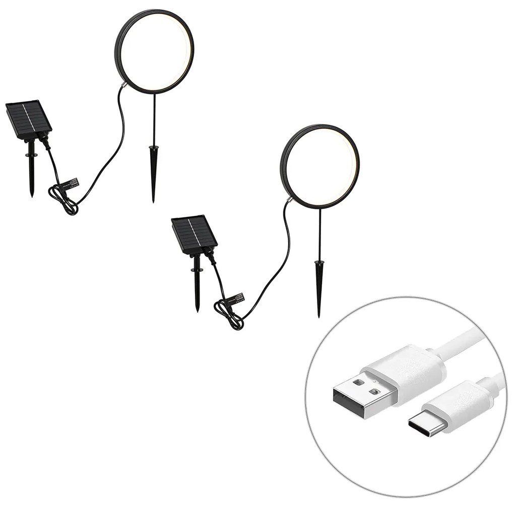 Conjunto de 2 Spots de Jardim Pretos 50cm com LED Recarregável e Solar IP65 - Adalind