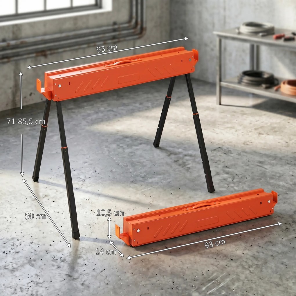 Conjunto de 2 Cavaletes Dobráveis, 93 x 50 x 85,5 cm, Altura Regulável, Laranja