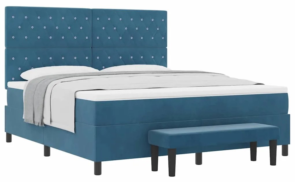 Cama Box Spring com Colchão e Banco Azul Escuro 180x200 cm Veludo