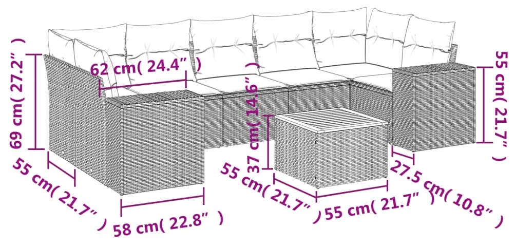 8 pcs conjunto de sofás p/ jardim com almofadões vime PE bege