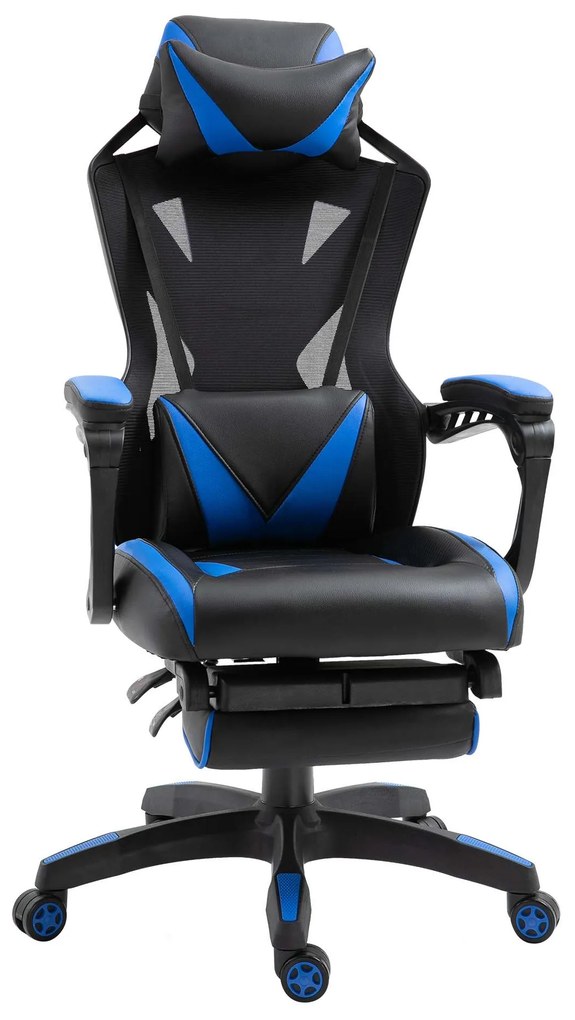 Vinsetto Cadeira Gaming Ergonómica Cadeira Gaming para Escritório com Altura Ajustável Encosto Regulável Almofada Lombar Apoio para os Pés Retráteis 65x70x117-125cm Azul