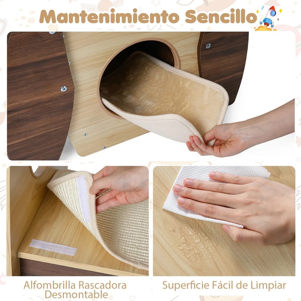 Torre para gatos 42,5 x 40 x 120 cm com casinha de madeira e arranhador em sisal, plataforma almofadada e bola suspensa natural