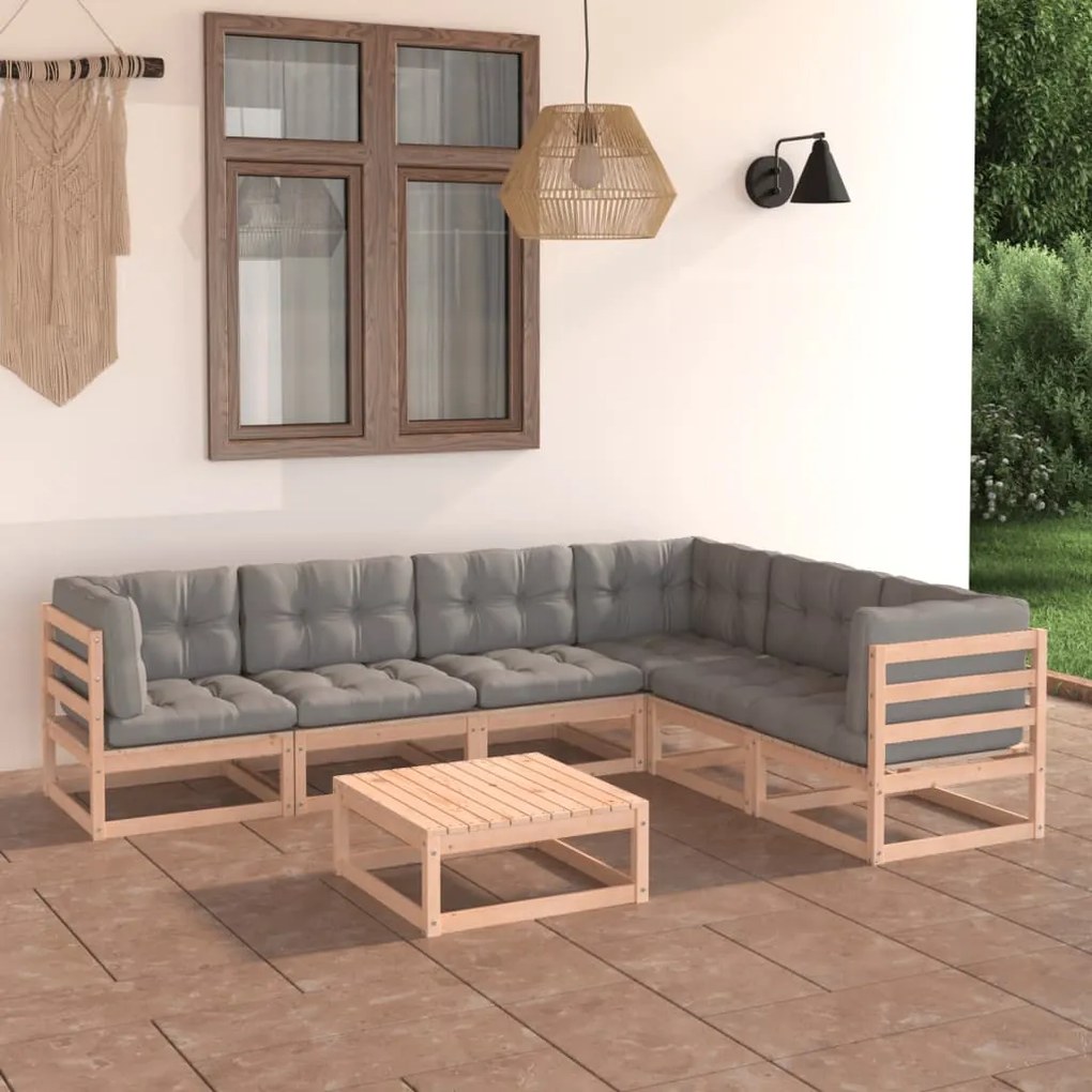 7 pcs conjunto lounge de jardim c/ almofadões pinho maciço