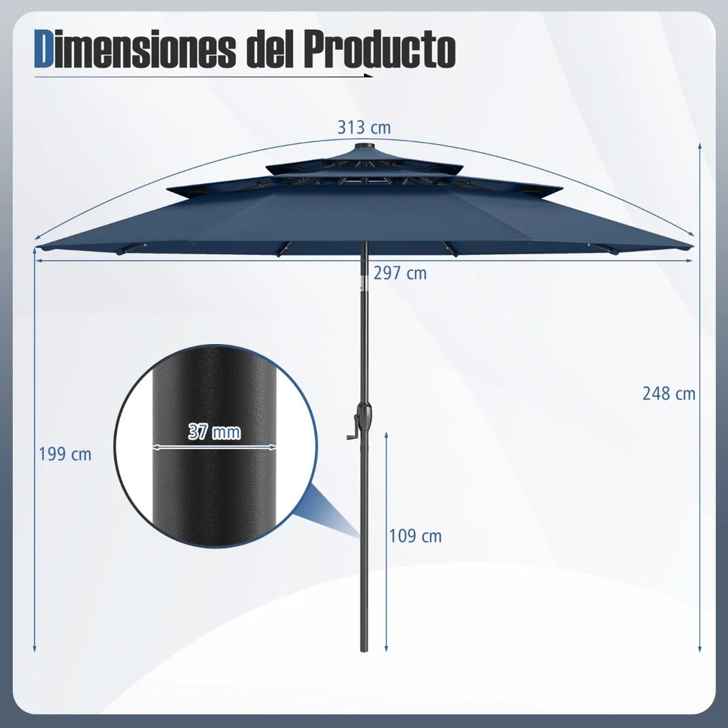 Guarda-sol Jardim de 313 cm com 32 luzes LED Teto ventilado de 3 níveis Ajuste de inclinação Azul Marinho