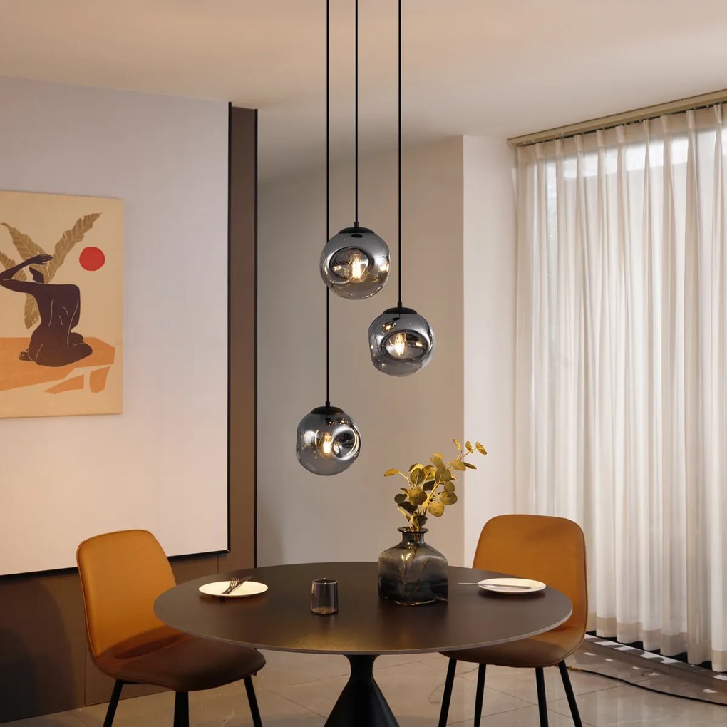 Candeeiro suspenso Art Déco preto com vidro fumado 3-luzes - Douglass