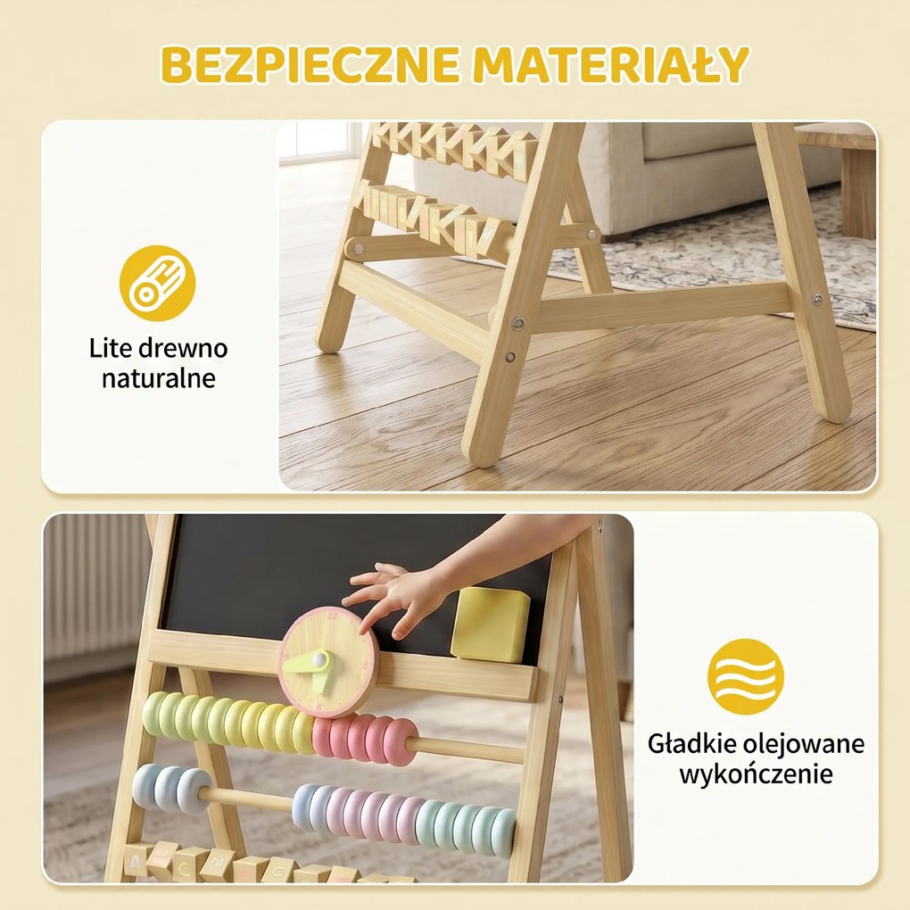 Cavalete Infantil em Madeira com Quadro de Dupla Face, Relógio, Ábaco e Apagador, a partir de 2 Anos, Natural