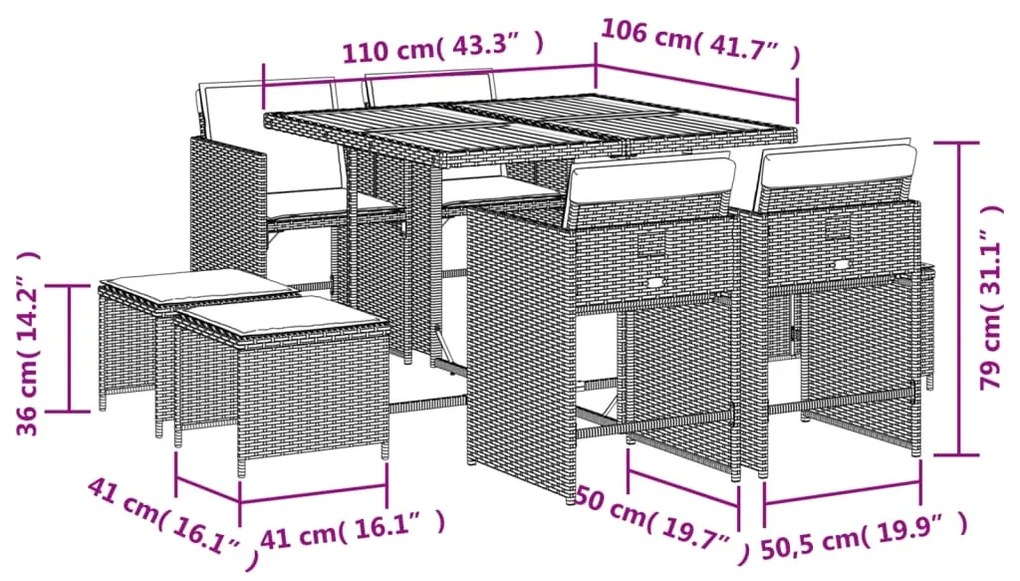 9 pcs conjunto de jantar p/ jardim com almofadões vime PE bege