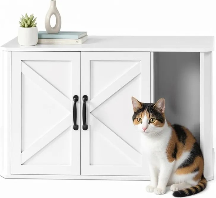 Móvel para caixa areia para gatos moderno 85 x 49 x 50 cm com porta frontal e pega dupla branco